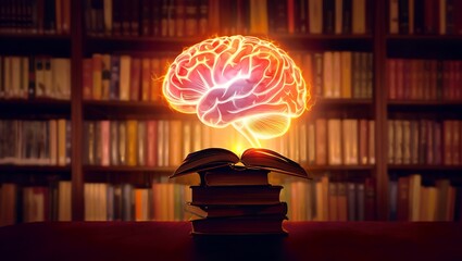 Glowing Brain Above Books Education Knowledge Concept for Learning Illustration