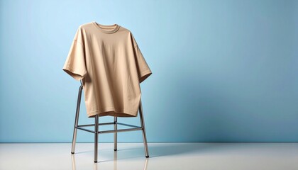 Minimalist Tan T-Shirt on Chrome Stool Against Light Blue Backdrop Studio Fashion Still Life
