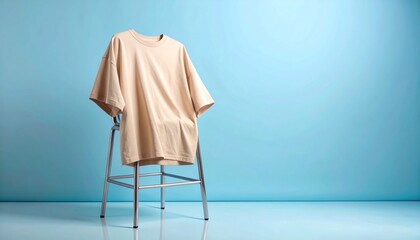 Minimalist Composition Light Beige T-Shirt on a Metal Frame Against Blue Background