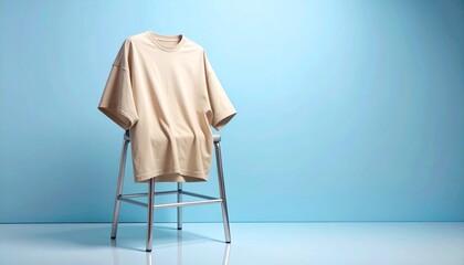Minimalist Still Life Oversized T-Shirt on Modern Chair Against Blue Wall