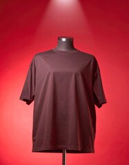 Simple Brown Tee Mockup Displayed on Mannequin Against Red Background
