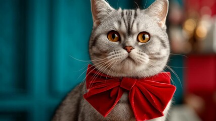 A cat wearing a red ribbon. The ribbon is tied around the cat's neck. The cat is looking at the camera. American Shorthair cat with velvet red bow, chic festive style