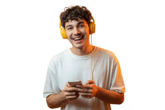 Young man with headphones and phone isolated on transparent background