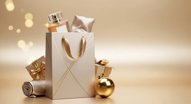 A tall and elegant gift bag placed at the center, designed in minimalist beige and gold with a subtle metallic shine