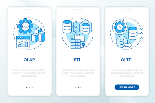 Data processing types blue onboarding mobile app screen. Walkthrough 3 steps editable graphic instructions with linear concepts. UI, UX, GUI. Montserrat SemiBold, Regular fonts used