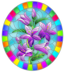 Illustration in the style of a stained glass window with a composition of flowers on a blue background in a frame