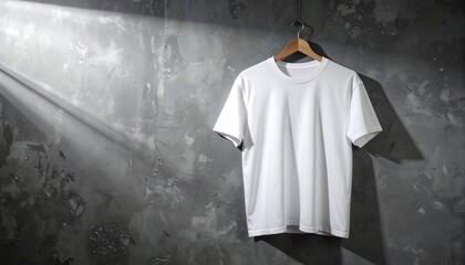 Simple White T-Shirt Mockup Hanging on Concrete Wall with Light