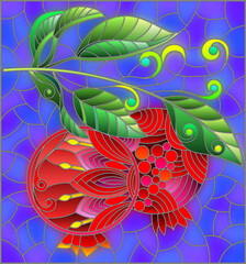 An illustration in the style of a stained glass window with a pomegranate branch on a blue background