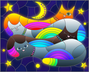 An illustration in the style of a stained glass window with bright cats on the background of the night sky with the moon and stars