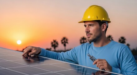 Solar panel worker inspecting solar panels during sunset