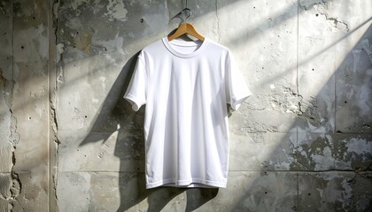Minimalist White T-Shirt Mockup on Concrete Wall with Shadow Play