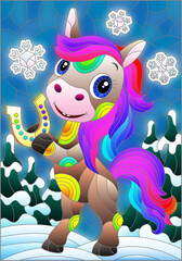 An illustration in the style of a stained glass window with a cute horse on the background of a winter landscape