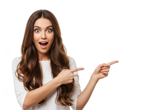 Surprised woman pointing to the side isolated on transparent background