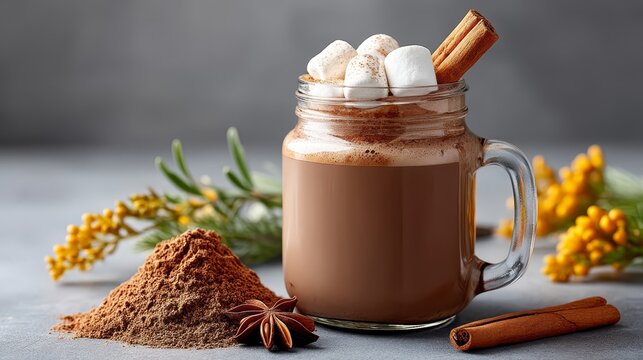 Warm beverage in glass jar topped with marshmallows and cinnamon stick, surrounded by cocoa powder and fresh herbs, creating a cozy atmosphere for winter enjoyment - Powered by Adobe
