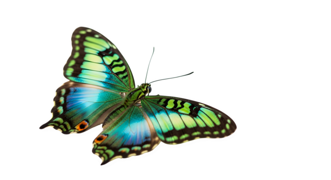 Vibrant turquoise and green butterfly with intricate wing patterns isolated on transparent background