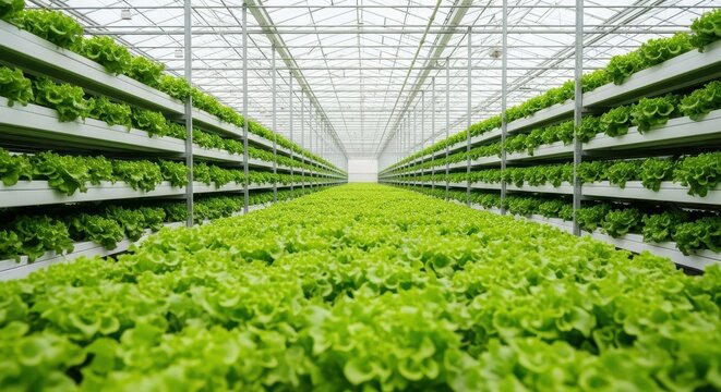 Abundant lettuce plants flourishing inside a modern greenhouse setting
