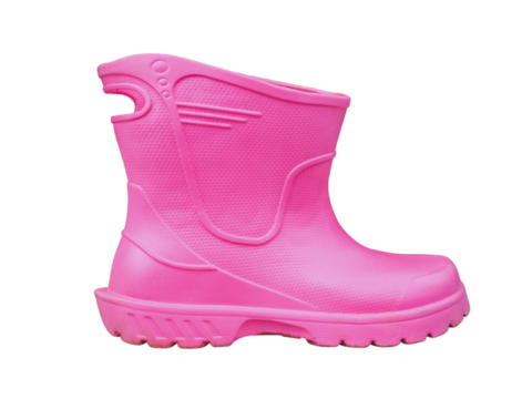 Side view, used pink rubber boots, for outdoor activities such as gardening, farming, agricultural work, or use in wet weather conditions, isolated object on transparent background.