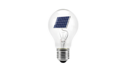 Light bulb with solar panel inside for renewable energy solutions isolated on transparent background