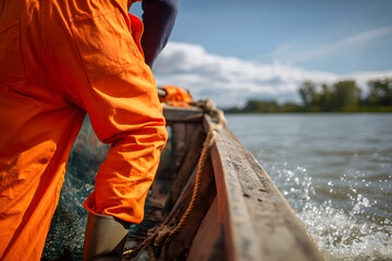Legs of a fisherman in an orange jumpsuit on a boat sailing along a river