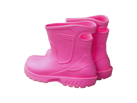 Used pink rubber boots, for outdoor activities such as gardening, farming, agricultural work, or use in wet weather conditions, isolated object on transparent background.