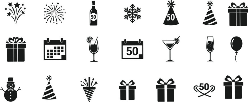 Black silhouette 50th birthday and celebration icons set, featuring fireworks, party hats, champagne, and gift boxes, stock vector graphics.