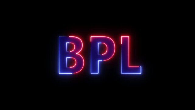 Glowing neon letters BPL in red and blue against a black background text