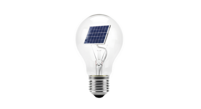 Light bulb with solar panel inside for renewable energy solutions isolated on transparent background