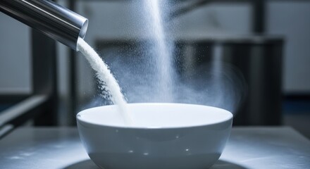 Close up of white powder being poured into a white bowl