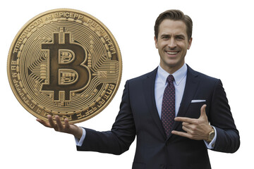 Man holding large bitcoin isolated on transparent background