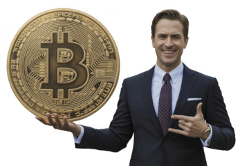 Man holding large bitcoin isolated on transparent background