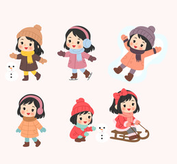 Cute Cartoon Girls Enjoying Winter Activities Collection