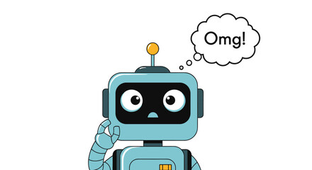 A surprised light-blue robot, wide-eyed and thoughtful with a hand on its chin, exclaims 'Omg!' in a thought bubble, illustrating a moment of shock.