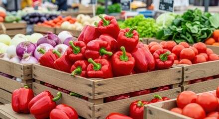Fresh red bell peppers displayed in wooden crates at a market