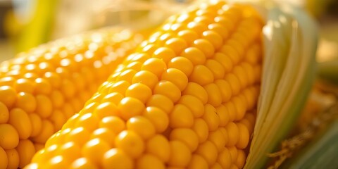 Close-up of sweet corn kernels, vibrant yellow hues, sunlit backdrop,  crop,  ripe