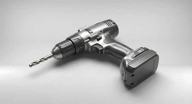 Close-up of a modern cordless power drill with a metal bit on a plain gray background, highlighting its portable design and utility for various tasks