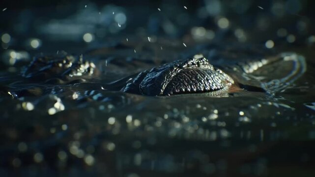 Close-up video footage of a crocodile's head emerging from dark, murky water, with small insects flying around