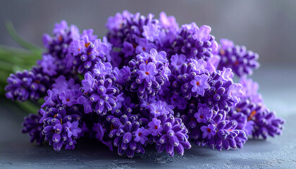 Fototapeta premium Bunch Of Fresh Purple Lavender Flowers On A Dark Textured Surface bouquet fragrant