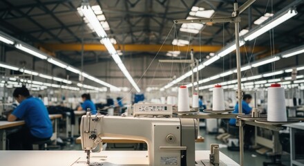 Industrial sewing machines in use at a clothing factory production line