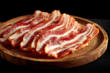 Slices of bacon on a round wooden board on a black background