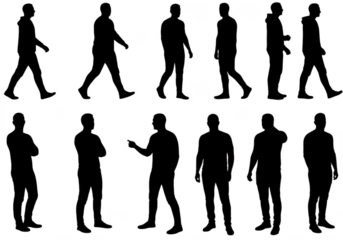 Silhouettes of men in various poses isolated on transparent background