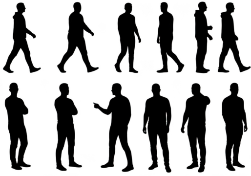 Silhouettes of men in various poses isolated on transparent background - Powered by Adobe