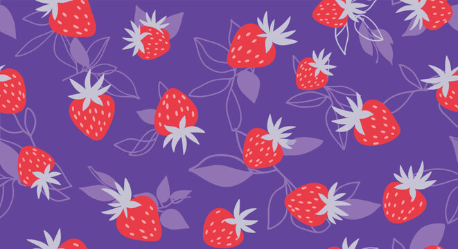 A cheerful, repeating pattern of fresh red strawberries with greyish-purple calyxes and subtle leaf outlines on a vibrant purple background.