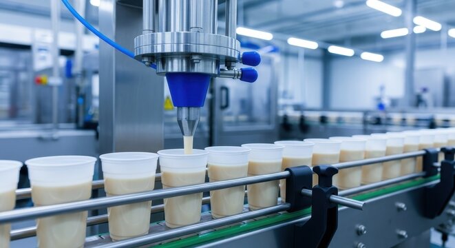 Machine Filling Food into Cups on a Production Line