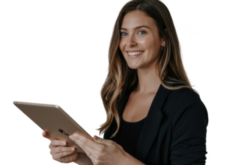 Young woman holding a tablet, isolated on transparent background