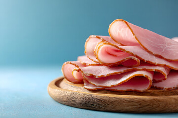 Thinly sliced ​​ham on a round wooden board on a blue background
