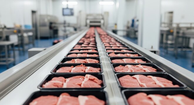 Raw meat in plastic trays moving along a conveyor belt in a processing factory