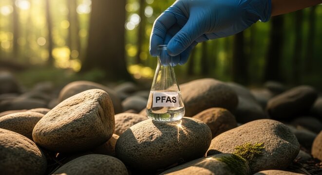 Scientist in blue glove holding flask with PFAS sample during environmental testing