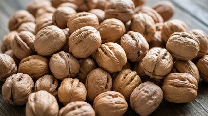 Pile of walnuts offers healthy snack eating or baking ingredients