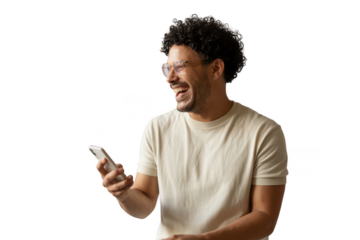Man laughing while looking at his phone, isolated on transparent background