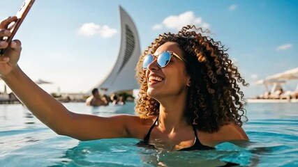 4k, A smiling woman with curly hair in sunglasses is taking a selfie in a swimming pool on a sunny day against the background of a resort with bright, natural lighting.